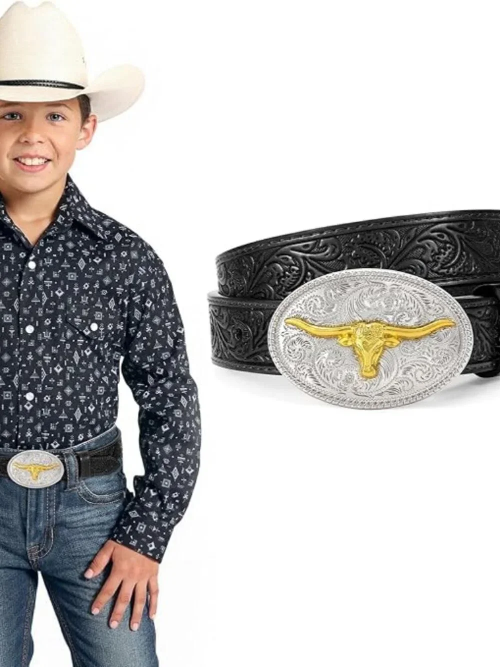 Kids Western Belt Leather with Bull Horse Buckle for Boys Cowboy Outfits - D